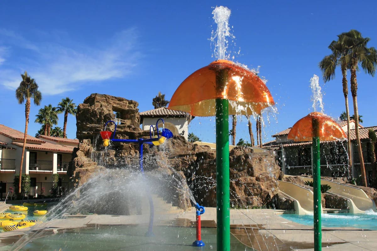 The pool and slides at the Omni Rancho Las Palmas Resort & Spa - Best Kids-Friendly Hotel in Palm Springs