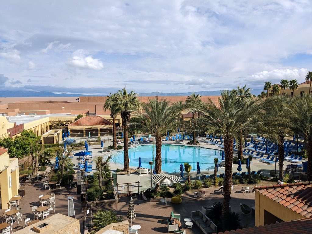 Many rooms have balconies overlooking the pools at the Renaissance Palm Springs Hotel - Best Kids-Friendly Hotel in Palm Springs